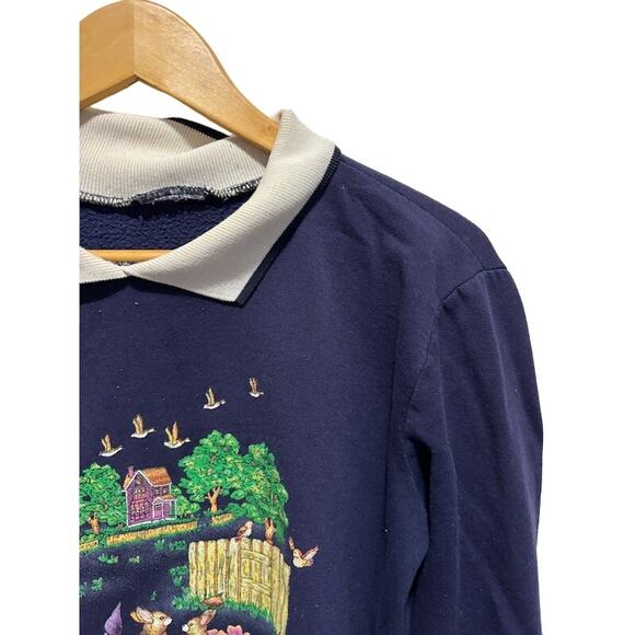 Vintage VTG Bunny Buddies sweatshirt navy blue with white attached collar sz L - Picture 4 of 5